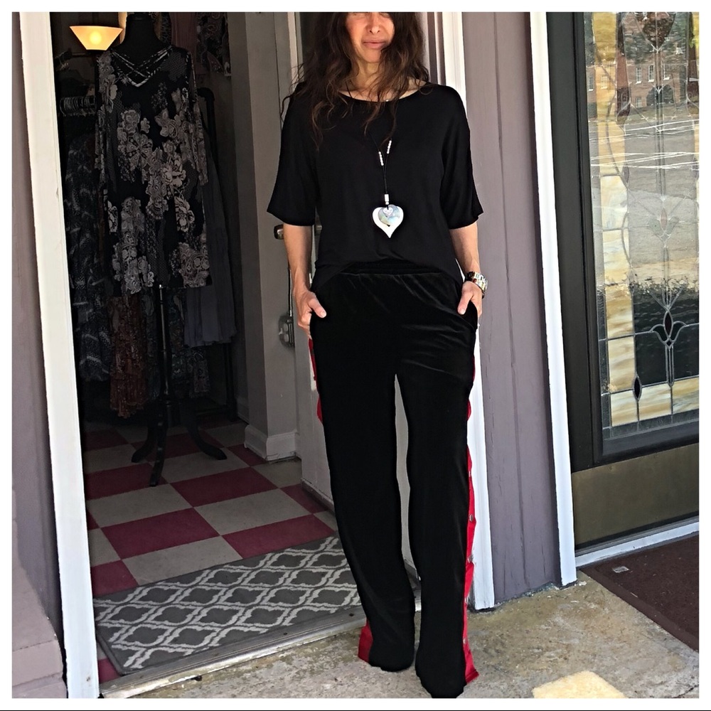 ✨LAST ONE✨Black velvet side pocket pants w/stripes - Picture 2 of 8